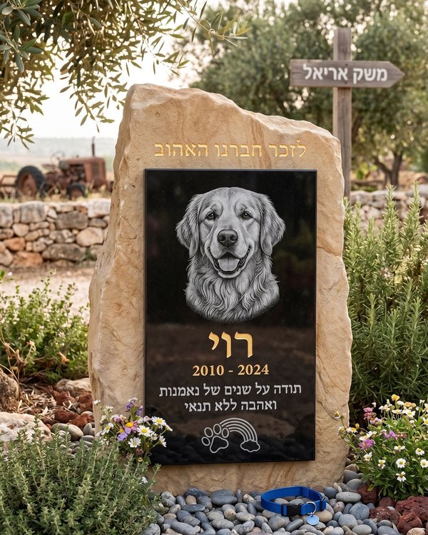 מצבת הנצחה לכלב רוי - גרניט שחור עם חריטת לייזר